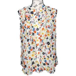 CAbi SMALL Tux Ruffle Top - Multi Floral Button Front Sleeveless Blouse Shirt